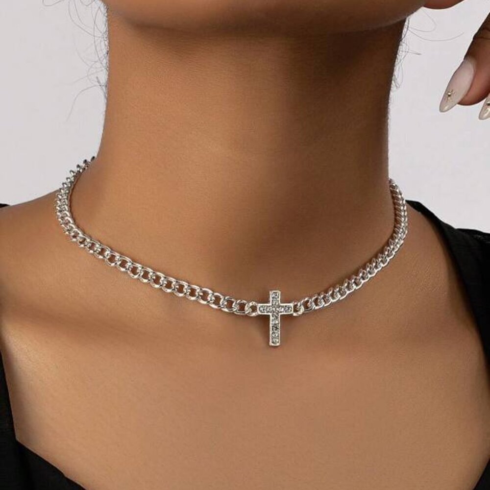 Sterling Silver Cross Pendant Chain Necklace | 15.7" + 2.8"